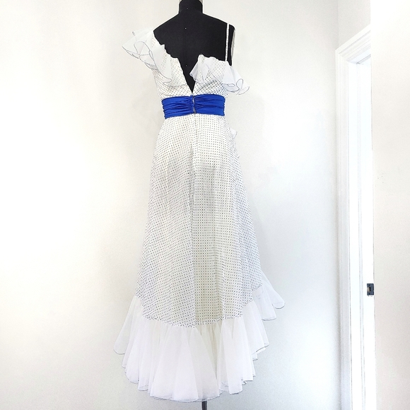 Vintage Bridgerton Maxamilist Swiss Dot Assymetric Ruffle Maxi Dress - Picture 14 of 14